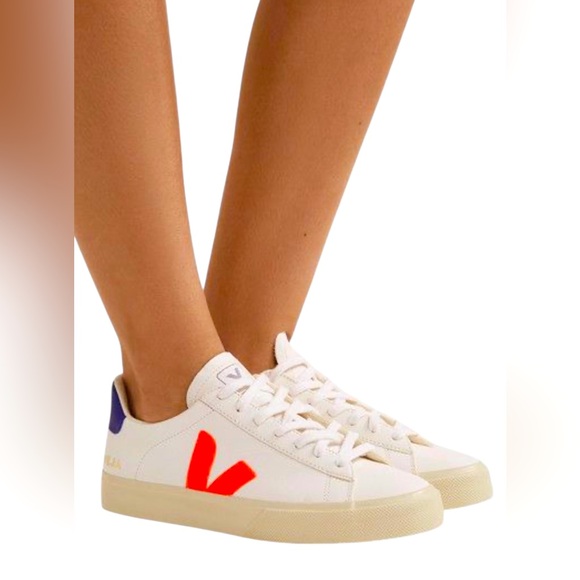 VEJA WOMAN’S CAMPO WHITE ORANGE FLUO COBALT SNEAKERS - Picture 4 of 8